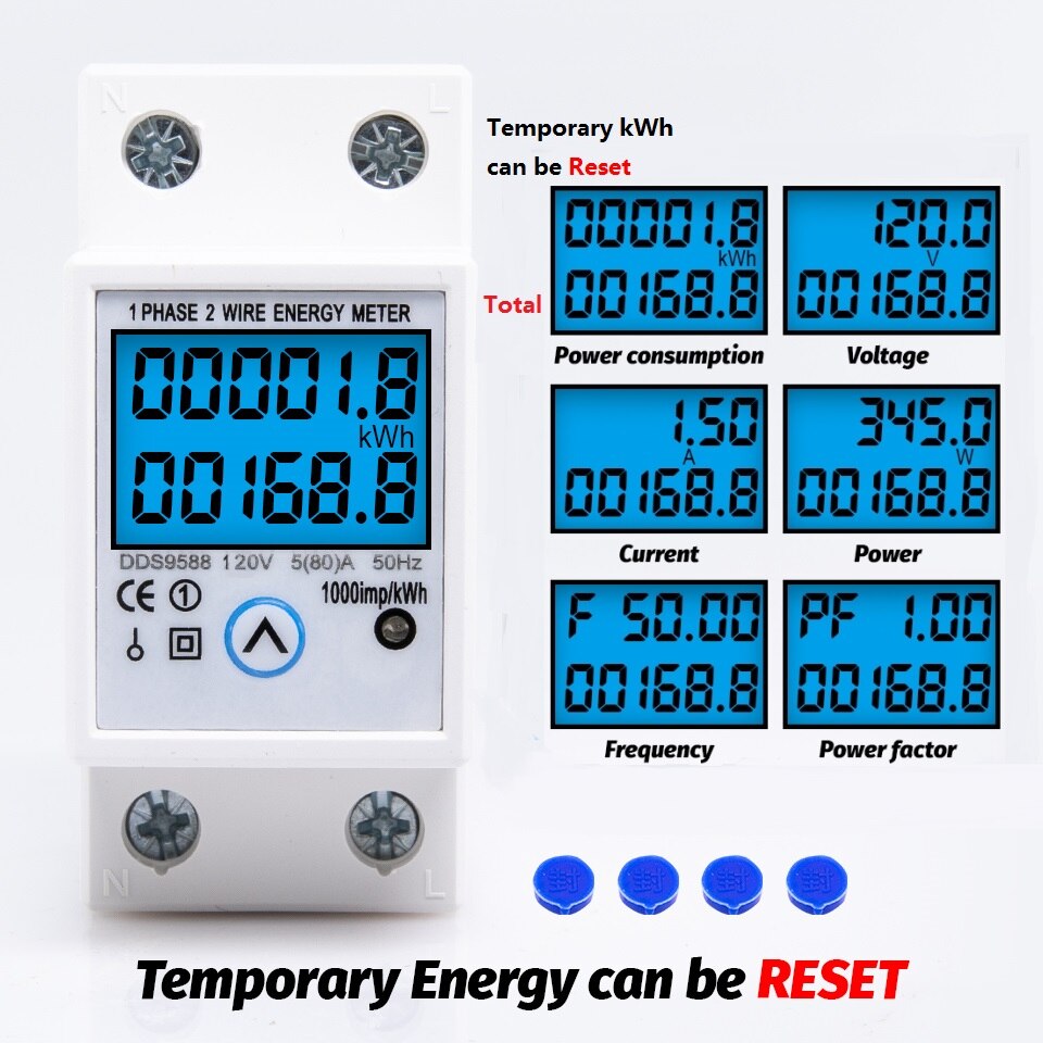 110V-120V 50/60Hz 5(80) een Digitale Wattmeter Ac Power Energy Meter Din Rail Kwh Spanning Stroom Teller Met Reset Functie