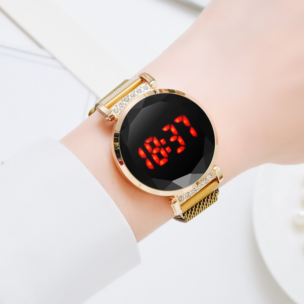 Luxury Women Magnetic Quartz Wristwatch Rose Gold Red LED Digital Bracelet Watch Quartz Watch Ladies Clock relogio feminino