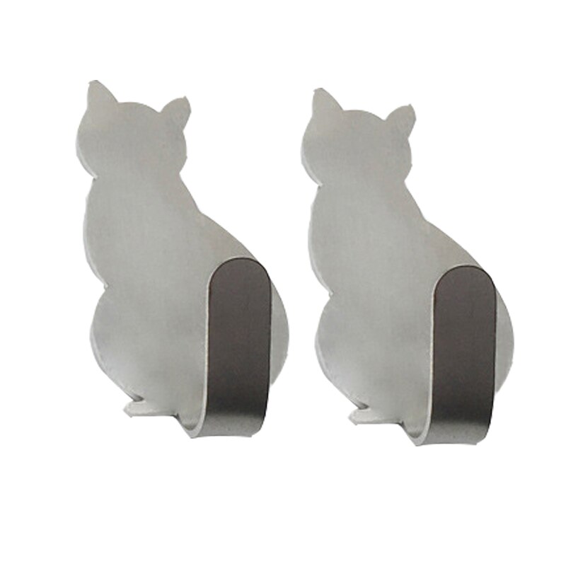 Kat Vorm Opslag Houder 2 Stks/set Zelfklevende Haken Voor Badkamer Keuken Hanger Stick Op Wall Opknoping Deur Kleding Handdoek rekken: Natural Silver-2PCS