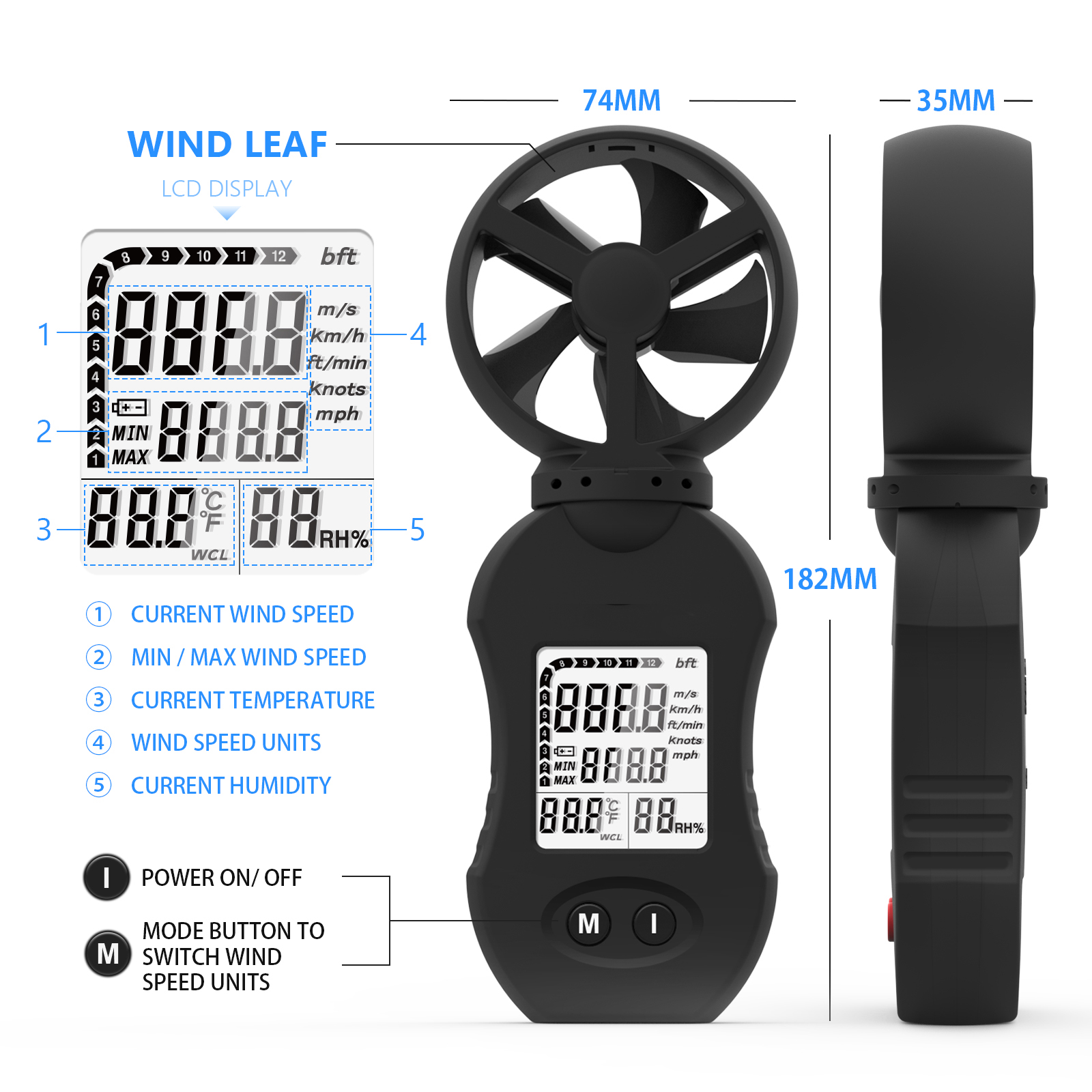 BTMETER-877 Digital Wind Speed Meter, Handheld Anemometer with LED Back-Light for Wind Speed / Wind Temperature/ Wind Humidity