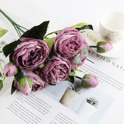 30cm pioner kunstig rose blomster bukett silke pion brud som holder blomster bryllup hjemmedekorasjon fest diy faux vår: Lilla