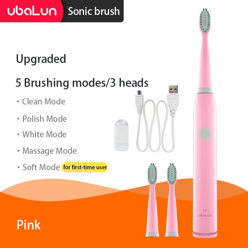 Sonic Toothbrush Vibrator Electric Toothbrushes Oral Care Adult Children Electric Toothbrush Ultrasonic Tooth Brush: 5 modes 3 heads Pink