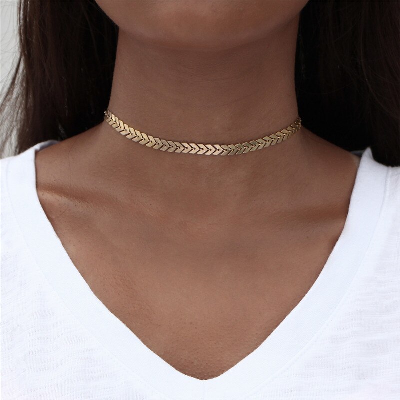 Collier ras du cou en forme de flèche pour femmes, chaîne à maillons en os de poisson plat, couleur or, Simple, à la , bijoux ,: 1