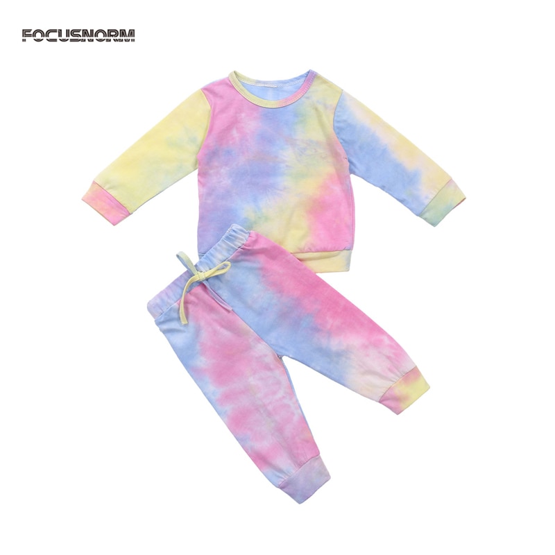 Focusnorm spædbarn baby piger tie-dye printet pyjamas sæt langærmet pullover sweatshirt toppe bukser 2 stk