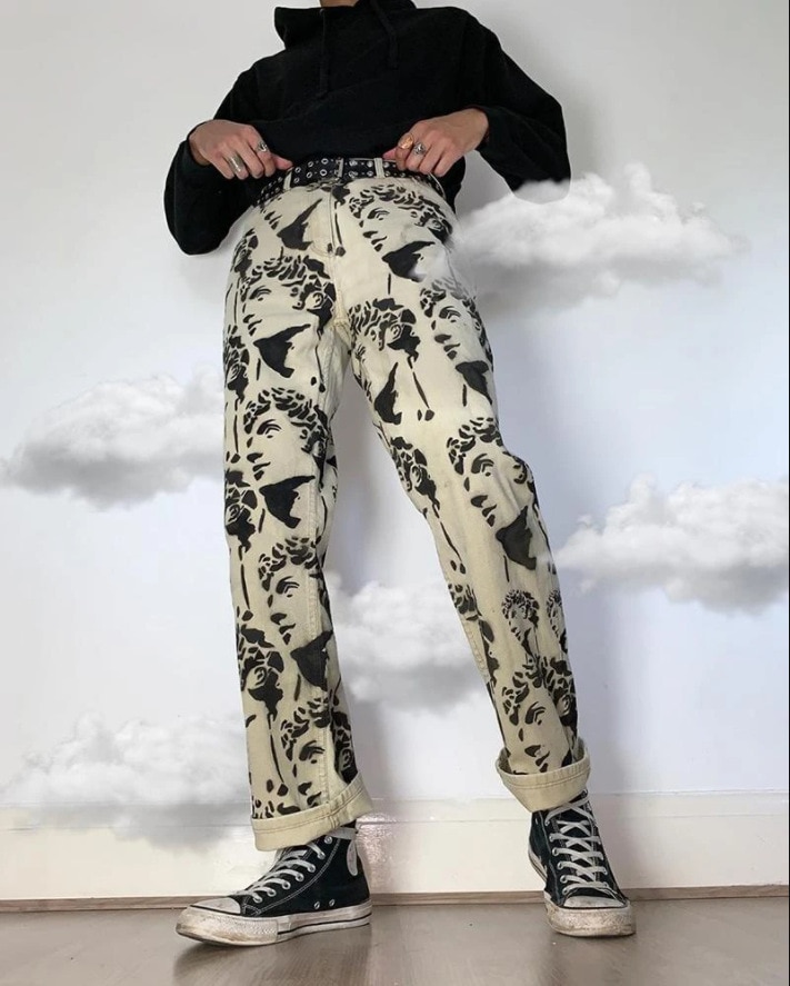 Men Clothing Loose White Washed Men Jeans Straight Tie-dye Denim Trousers Black Portrait Print Hip Hop Men's Trousers