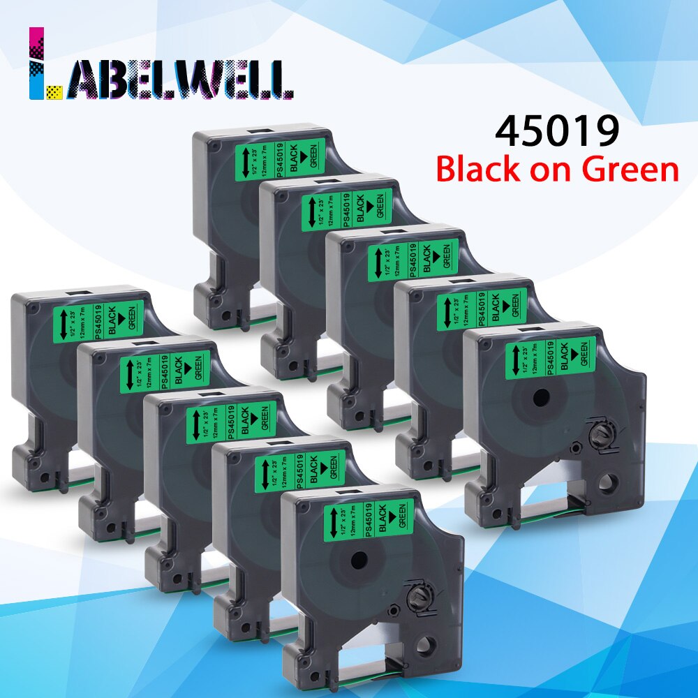 10PK 12mm 45013 Black on White For Dymo D1 45013 Label tapes Compatible for Dymo Label Manager 160 280 210 450 LM160 Label Maker: 10PK Black on Green