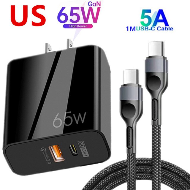 65W Gan Charger Dual Poorten Qc 3.0 Pd 3.0 Quick Charge Snel Opladen Voor Iphone 12 Pro Samsung Type C Pd Usb Mobiele Telefoon Oplader: US Charger cable.