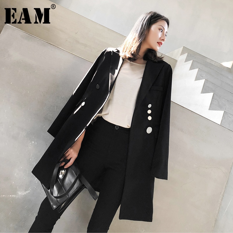 [eam] kvinder sort knapsøm lang blazer revers langærmet loose fit jakke tide forår efterår 1 w 524