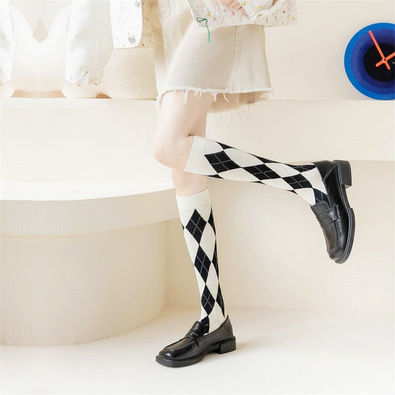 Dreamlikelin Autumn Winter Harajuku Girls Cotton Socks Female Uniform Argyle Socks Wing Rhombus Kawaii High Tube Knee Socks