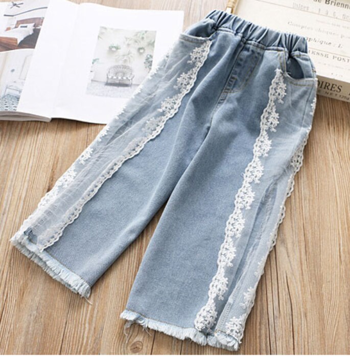 enfant bébé fille été dentelle patchwork jean enfants enfants élastique taille ample jambe large jean: 100cm