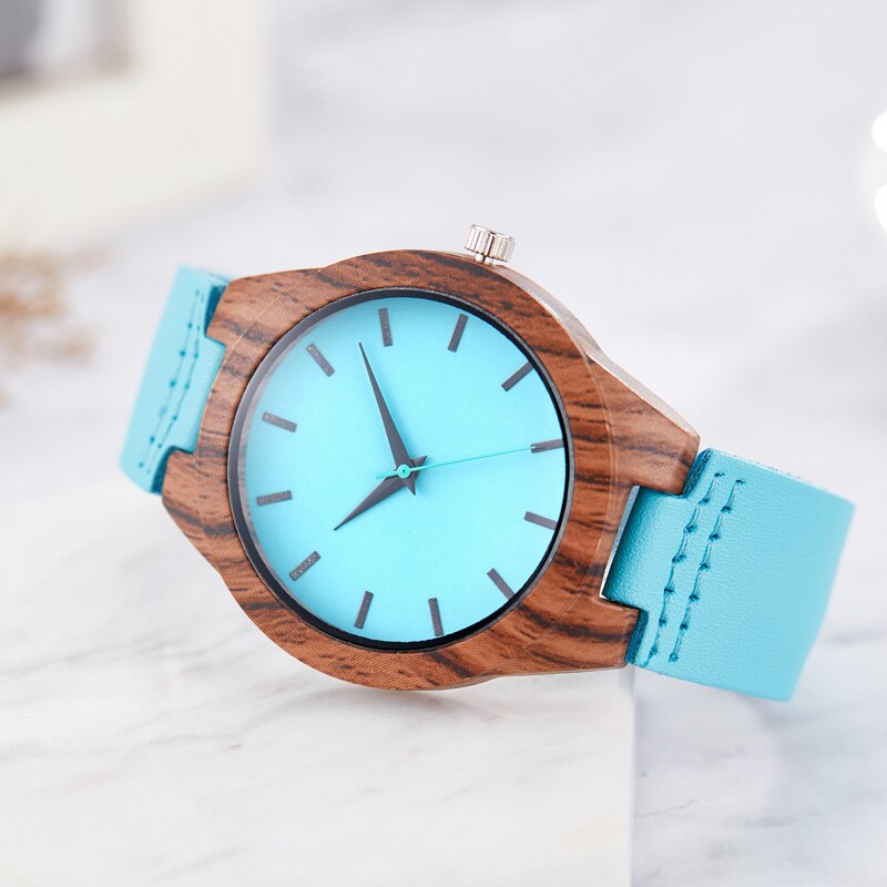 Imiteret træ kvarts ur mænd kvinder træ ure blå skive sekskant urkasse ure læder band par elsker håndled