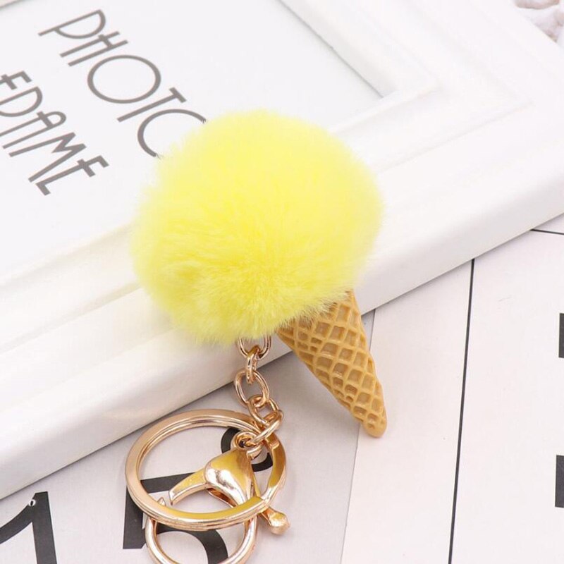 Cute ice cream Keychain Glitter Pompom Key Chain for Women Llaveros Mujer Car Bag Accessories Key Ring Wedding Souvenir: yellow