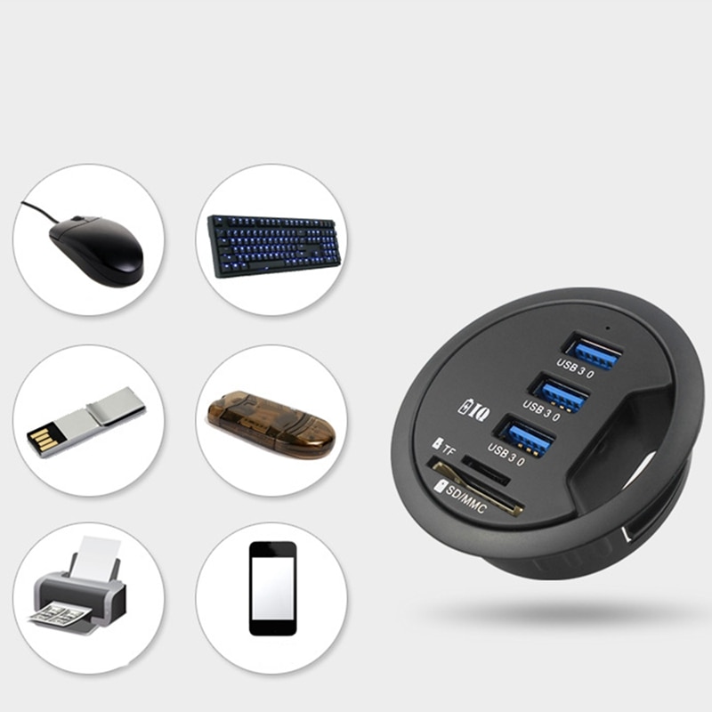 USB Desk Hub USB3.0 HUB with 3 Port USB3.0 TF/SD/MMC Adapter for Desktop PC USB HUB Desk Mount USB 3.0 Splitter,US Plug