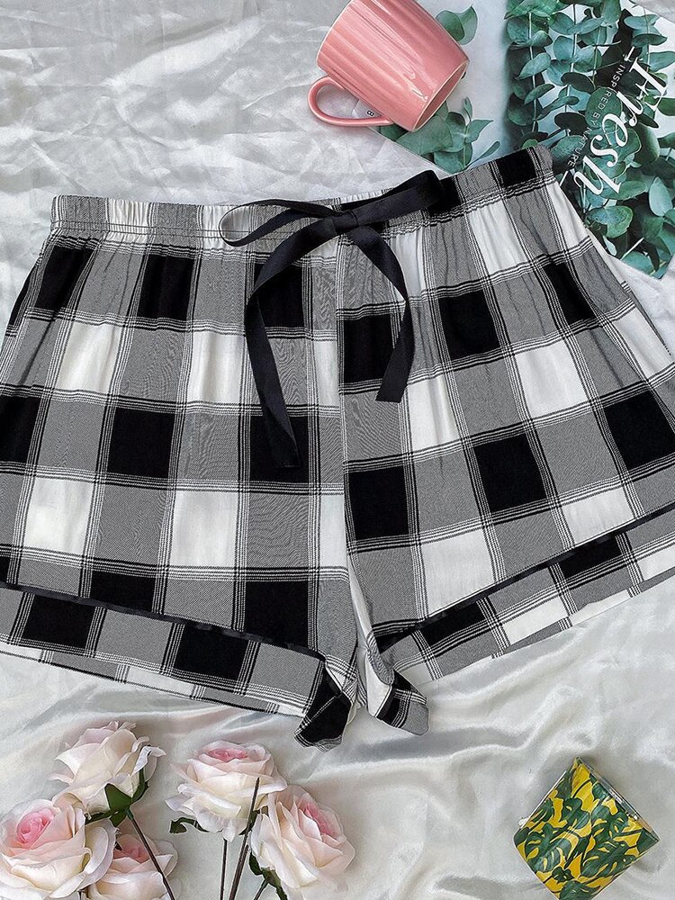 Fitshinling-pantalones cortos a cuadros para mujer, ropa de dormir suave e informal, con cordón, para el hogar, verano, 2022