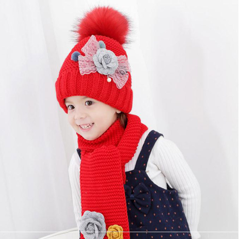 Doitbest flower children's winter hat beanies sets velvet wool kids boys Knit fur hats winter 2 pcs baby girl scarf set