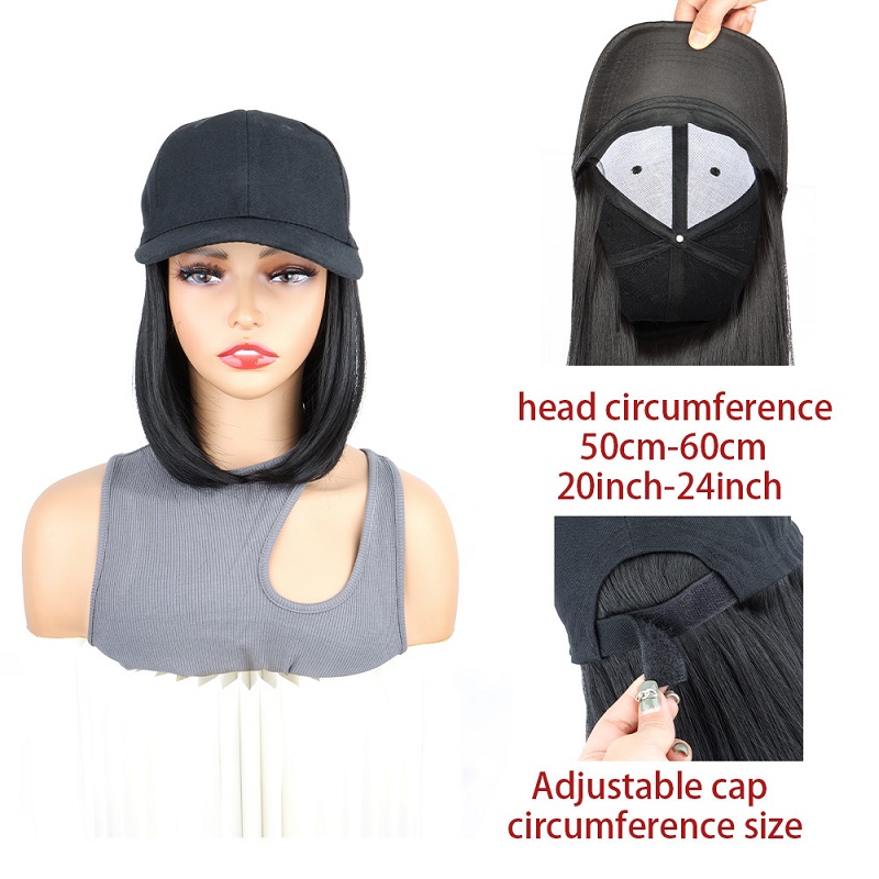 Pelucas sintéticas cortas y rectas para sombrero Bobo, gorra de béisbol, peluca ajustable en negro y marrón para mujer