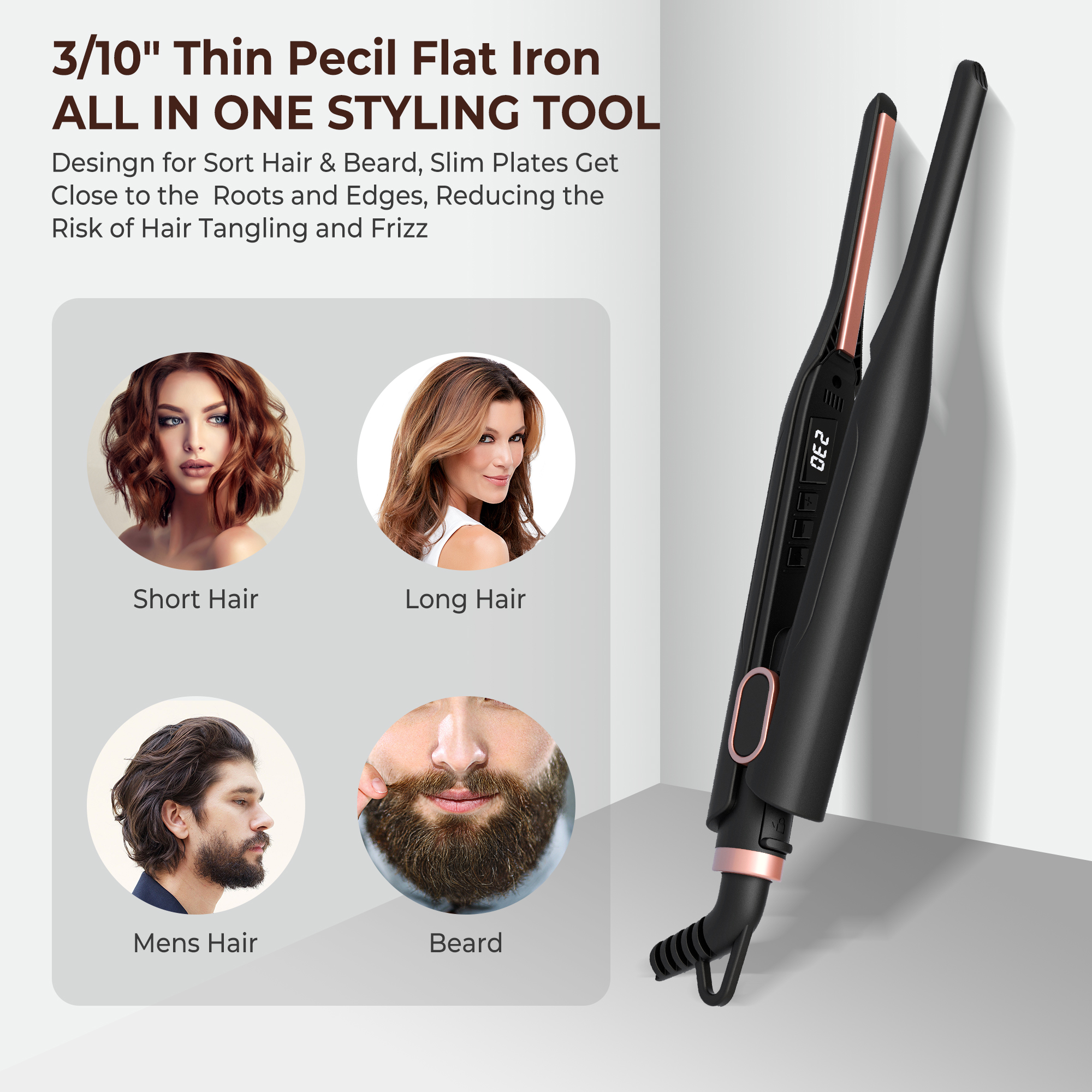3/10 Zoll Bleistift-Glätteisen, Mini-Glätteisen, Haarglätter, kleine Glätteisen für kurzes Haar, dünner Bartglätter für Männer