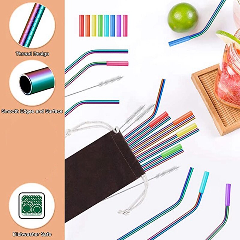Confezione da 16 cannucce in metallo riutilizzabili colore arcobaleno con cannucce lunghe in acciaio inossidabile colorate con punta in silicone