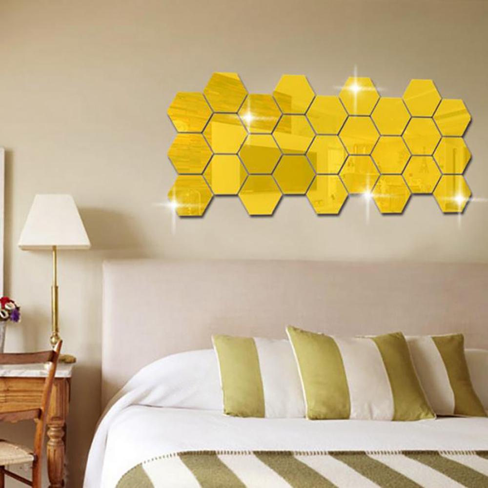 12/24 pièces 3D miroir Stickers muraux hexagone décor à la maison miroir autocollants Art mur décoration autocollants amovible salon décalcomanie: 12PCS Gold M