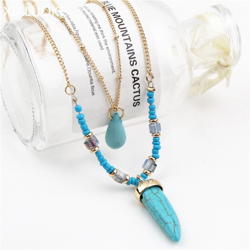 XIALUOKE Bohemia Acrylic Stone Pendant Double Necklace For Women Retro Blue Glass Tassel Sweater Chain Jewelry