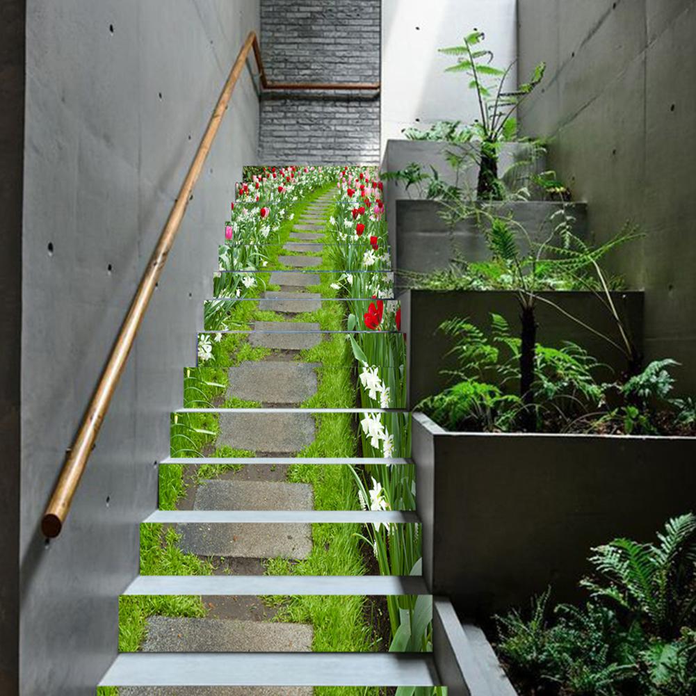 13Pcs Staircase Stair Riser Floor Sticker Self Adhesive DIY Flower Pattern Stairway Wall Decal Decor