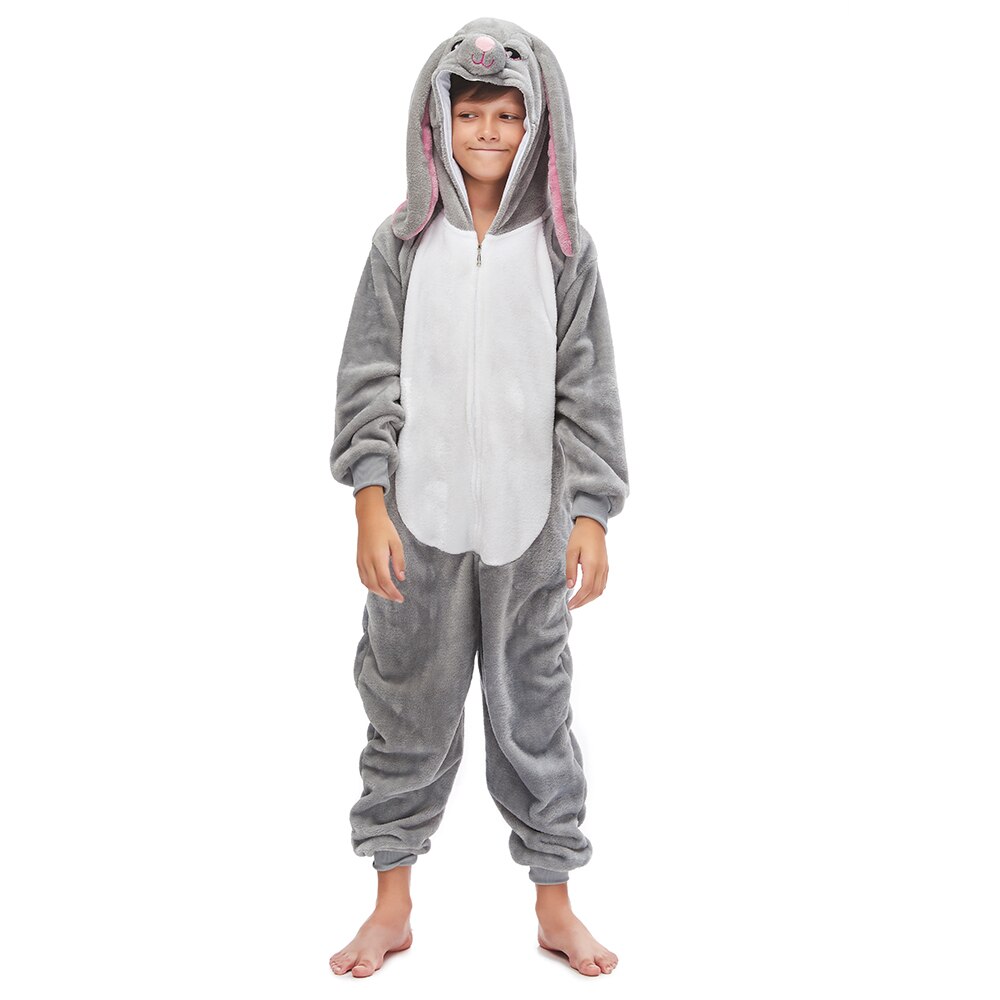 Bunny Onesie For Kids Animal Rabbit Pajama Kigurumis Gray Cute Flannel Warm Sleepwear Halloween Suit Winter Boy Girl Overall