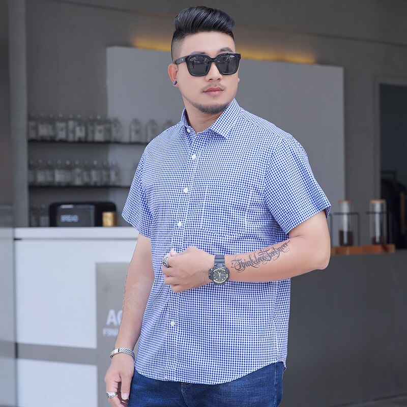 10XL big size Summer Men's leisure boutique cotton short sleeve shirt lattice Male lapel embroidery casual shirts