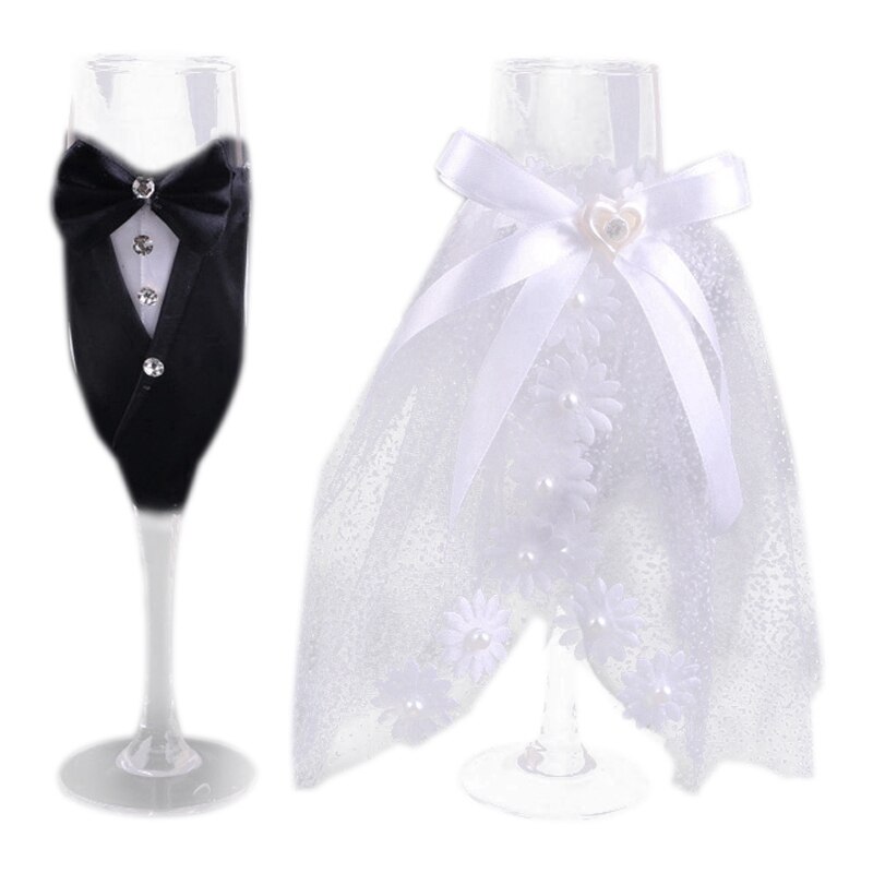 mariée et marié robe en dentelle Champagne flûtes de mariage ensemble de verres tasse grillage gobelet mariage maison hôtel décoration: Default Title