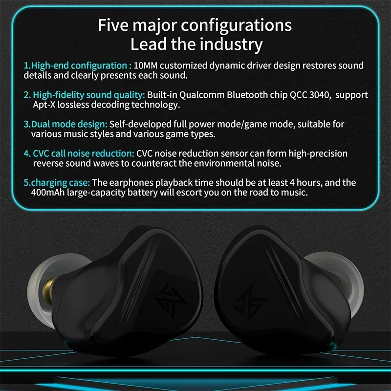 KZ VXS TWS 5.2 Bluetooth Earphones APTX Wireless Earbud Sport Earbuds Game Music Headset HiFi Bass Headphone