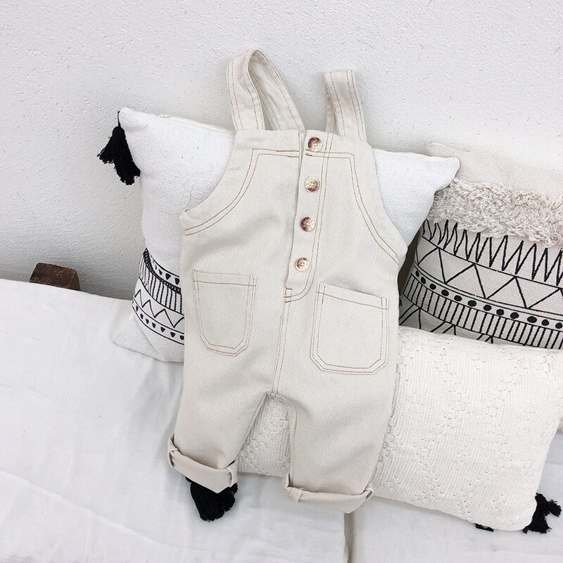 Wlg gutter jenter kjeledress baby denim hvit blå knapper overall barn vår høst fritidsklær: Beige / 24m