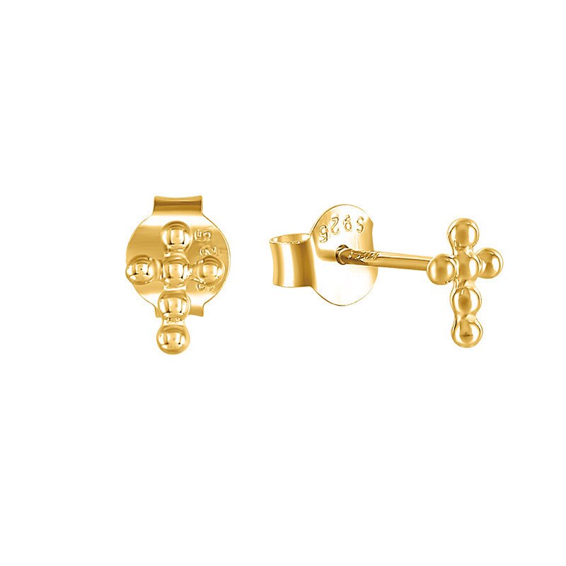 ying Vahine 100% 925 Sterling Silver Small Round Beads Cross Stud Earrings for Women: Gold-color