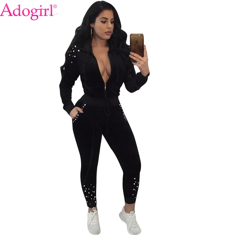 Adogirl Pearls Accent Velvet Tracksuit Women Two Piece Set Zipper Long Sleeve Hooded Sweatshirts + Pants Casual Sporting Suits