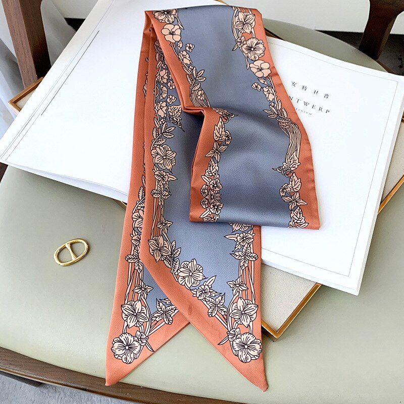 Lang tynd silkehals tørklæde krave slips kvinder foulard taske bånd tørklæder med blomsterprint hårbånd hovedtørklæde: 1