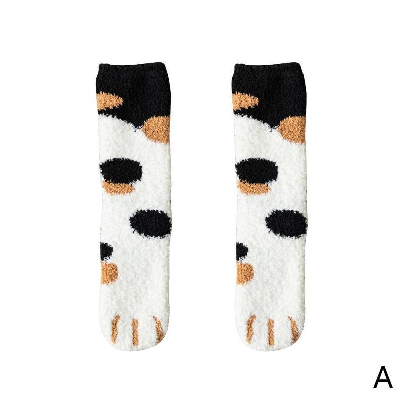Autumn And Winter Coral Fleece Socks Female Mid-tube Cat Paw Plus Fleece Thickening Warm Half Fleece Floor Sleeping Pile Pile So: A