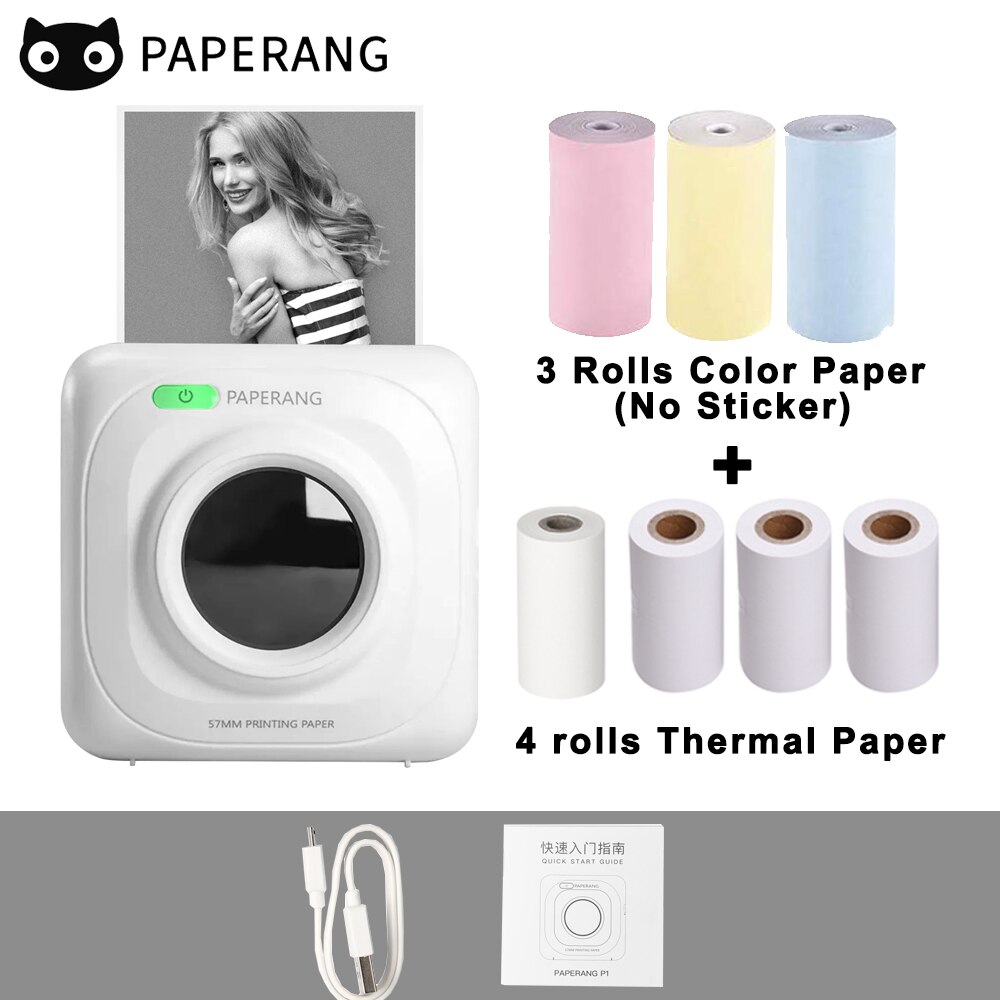 PAPERANG P1 Pocket Printer BT Wireless Thermal Printer Portable Printer 200dpi for Photo Picture Receipt Memo Note Label Sticker: W-7Rolls No Sticker