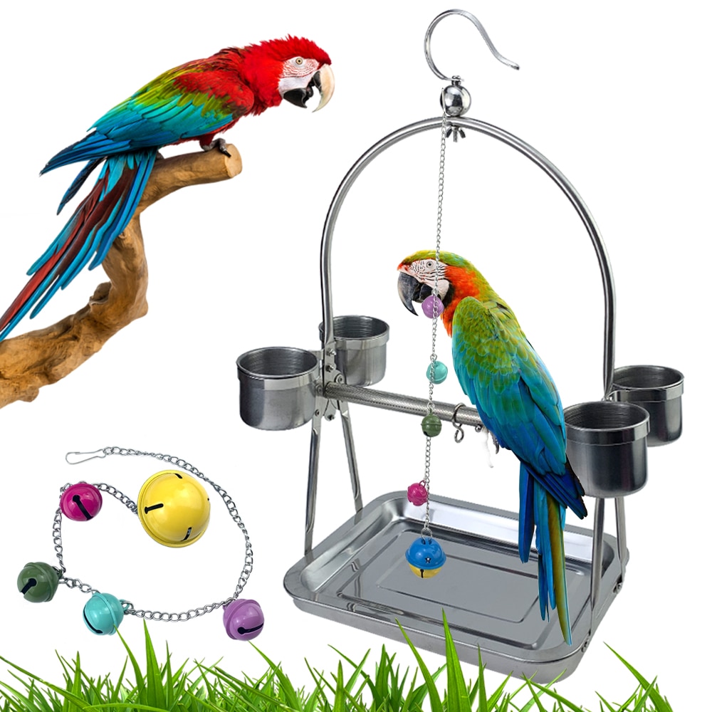 Stainless Steel Parrot Stand Bird Cage Rack With Bell Bird Accessories Parakeet Stand Parrot Cage Nest Budgie Bird Cage Supplies