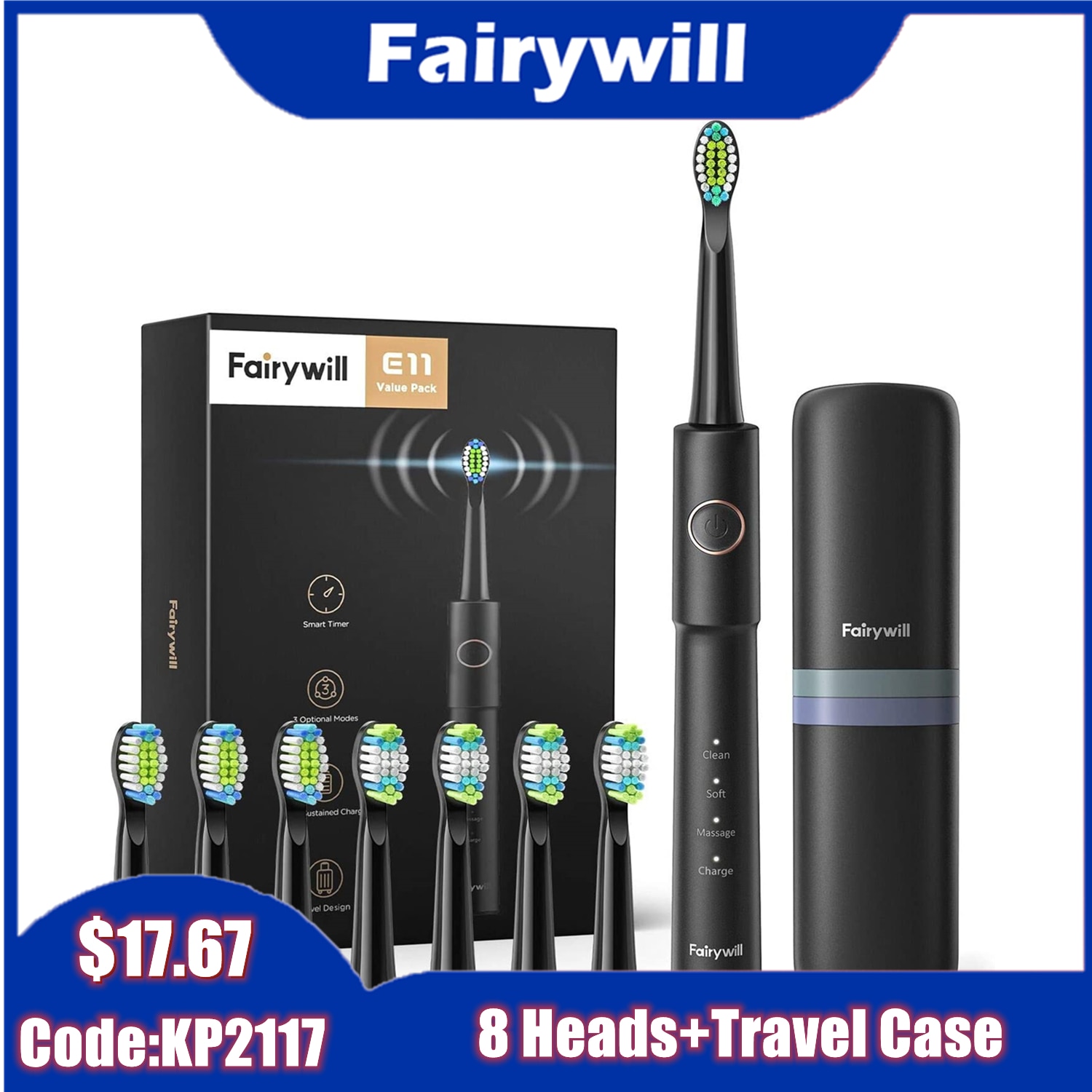 Fairywill-cepillo de dientes eléctrico sónico para adulto, recargable por USB, resistente al agua, 8 cabezales de repuesto