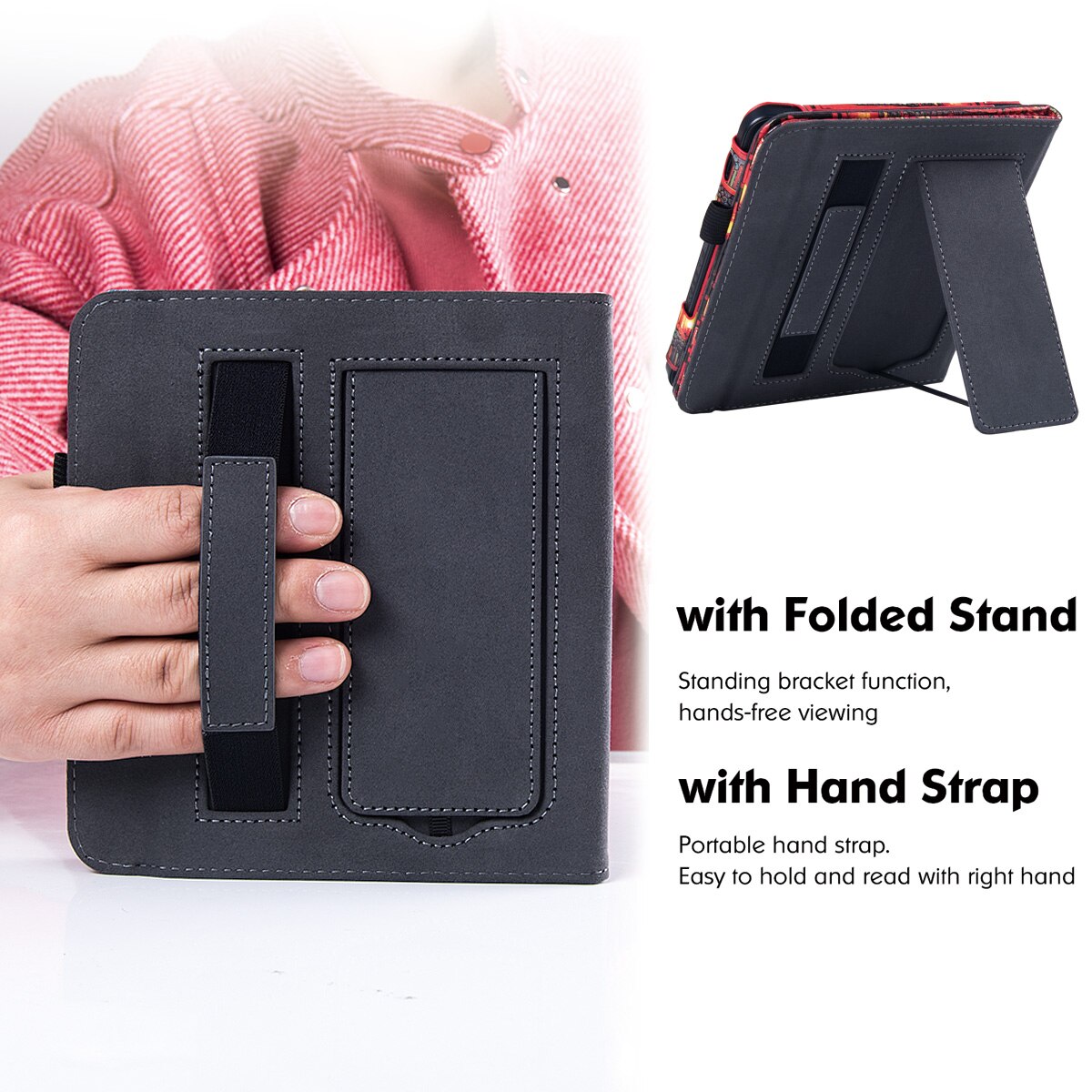 Stand Case voor Kobo Libra 2 eReader uitgebracht, model N418) - Premium PU-lederen hoes met draagriem/Auto Sleep/Wake