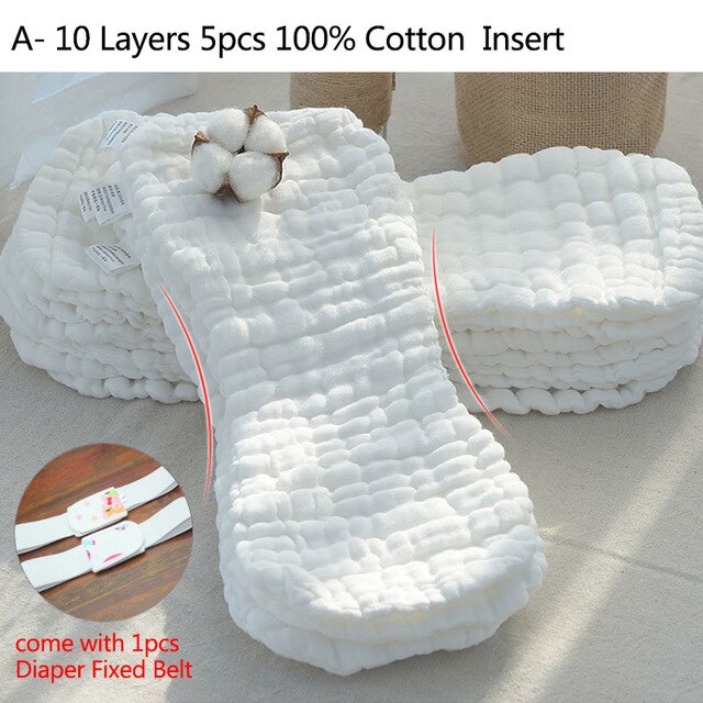 100% Cotton Baby Diaper Inserts 10 Layers Washable Cloth Diapers for Newborns Children 5/10 pcs Reusable Nappies Liners: A-10Layers 5pcs / S for newborn 0-6