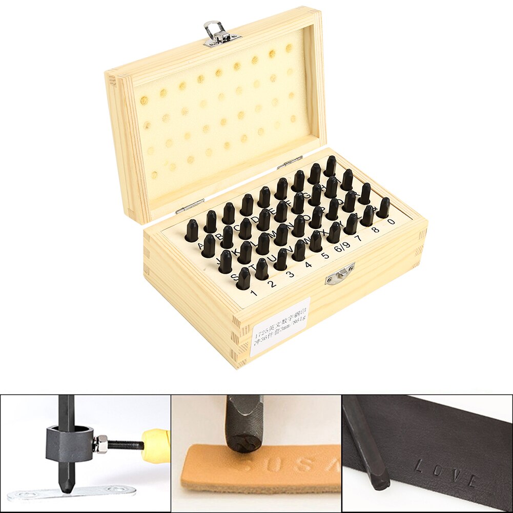 Juego de 36 Uds de punzón de acero para números y letras, Kit de herramientas para estampar cuero grabado, molde de impresión para estampado de cuero con caja de madera