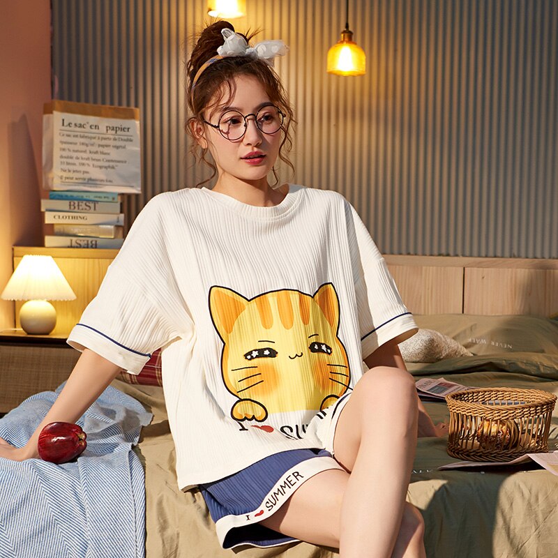 Cute Printing Summer Pajamas Cotton Couple Pajamas Set Women Loungewear Lover Pyjama Femme Men's Sleepwear Home Clothing: 1 / L