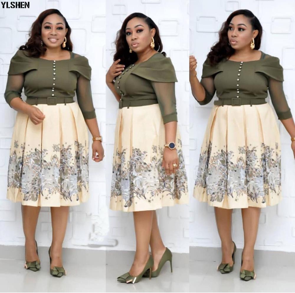 Mode Print Afrikaanse Jurken Voor Vrouwen Dashiki Herfst Stijl Ankara Kleding Afrika Jurk Dames Robe Africaine Femme: Army green / XXL