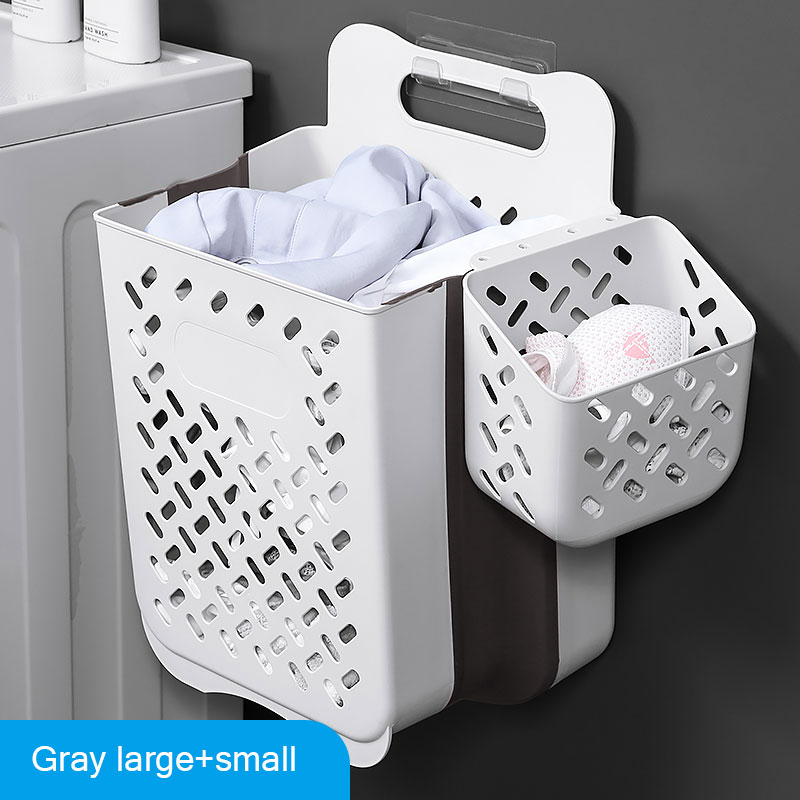 Bathroom Folding Dirty Clothes Storage Basket Laundry Basket Household Wall Hanging Large Portable Punch-Free Put Clothes Bucket: Large Gray Set