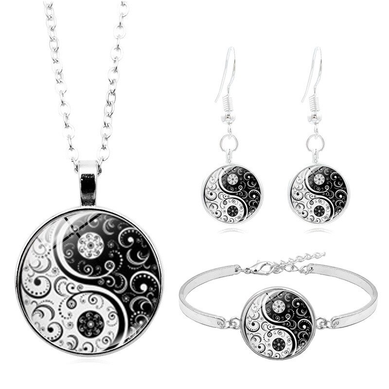 Yin yang tai chi cabochon glas vedhæng halskæde armbånd armbånd øreringe smykkesæt i alt 4 stk til kvinder og #39 smykker