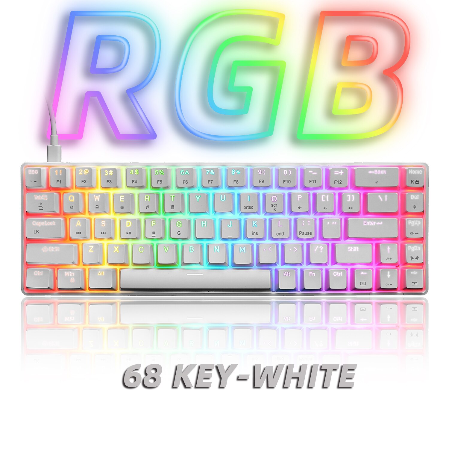 Teclado mecánico para videojuegos RGB, teclado pequeño con cable de 68 teclas, retroiluminación LED, interruptor rojo y azul para Gamer, ordenador portátil y PC: T8 White / Interruptor rojo