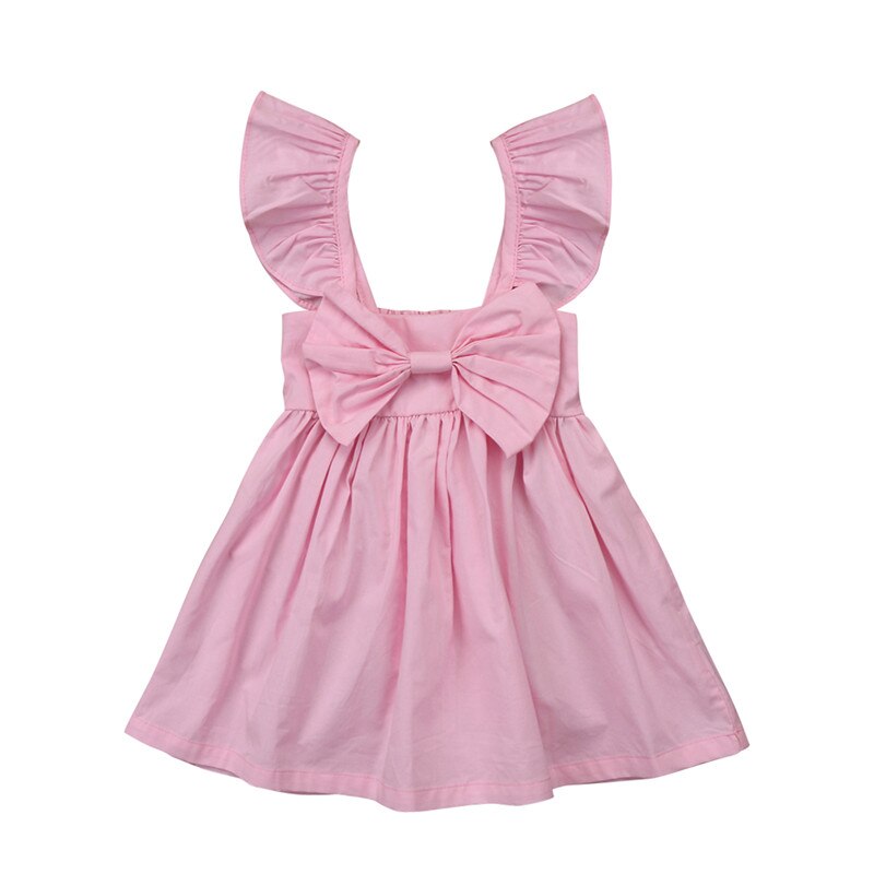 2 färger enfärgad gul rosa söt volanger klänning bebis flicka kläder nyfödda barn ärmlösa pilbågar sommar princess klänningar outfits: Rosa / 9m