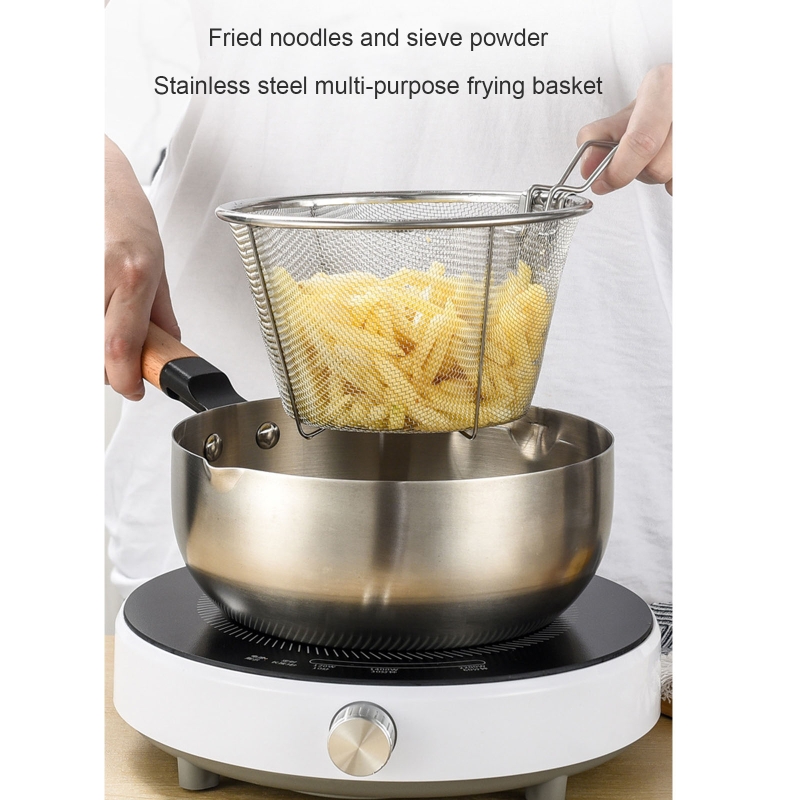 Deep Round Fryer Wire Mesh French Chip Frying Basket 201 Stainless Steel French Fry Serving Strainer Basket with Handle