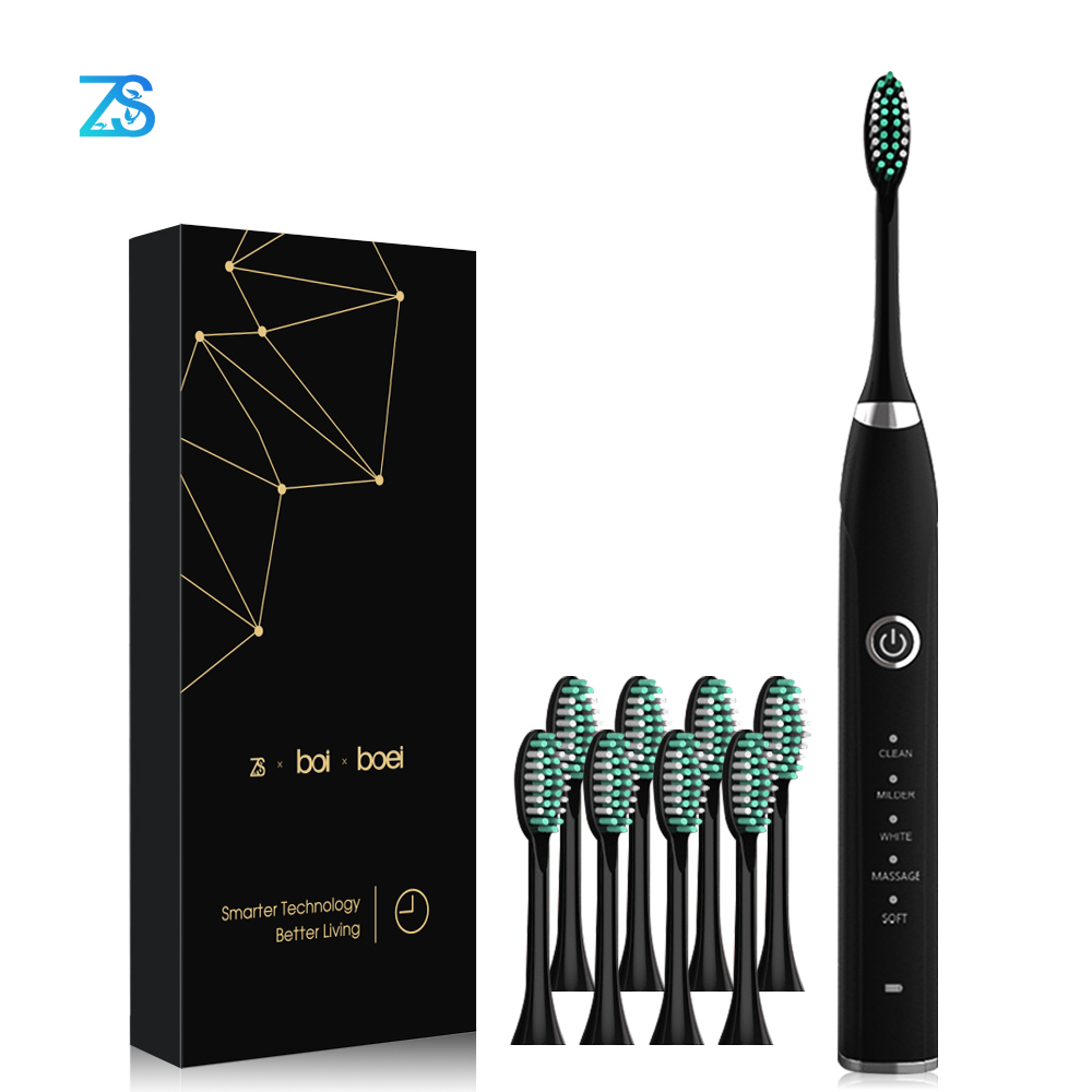 [ZS] Quiet 5 Modes for Adults Sonic Electric Toothbrush Rechargeable IPX7 Washable Soft Bristle Replacement 4 Brushes Heads