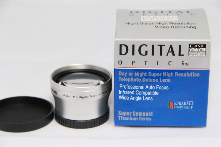 Multi Beschichtete Optische Glas Metall Kamera Objektiv 30,5mm 2.0x TELE Teleobjektiv für Camcorder + Vorne Hinten Kappen + objektiv tasche Silber
