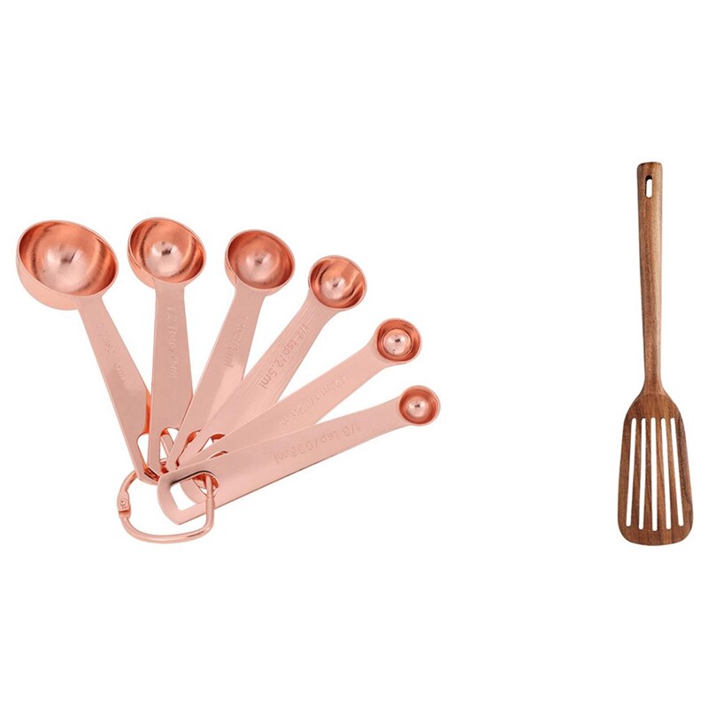 1 Pcs Rose Gold Measuring Spoons & 1 Pcs Teak Spatula Long Handle: Default Title